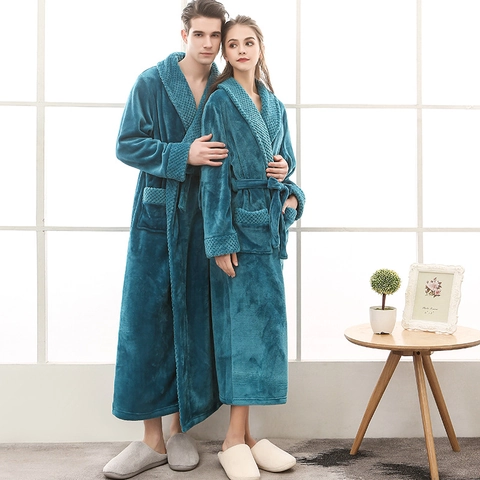 Long Flannel Robe Thickened Shawl Collar Soft Warm Bathrobe Sleepwear Loungewear For Men And Women