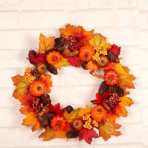 Autumn Maple Leaf Wreath Artificial Pumpkin Pine Cone Berry Thanksgiving Halloween Harvest Door Wall Decor Warm LED Light