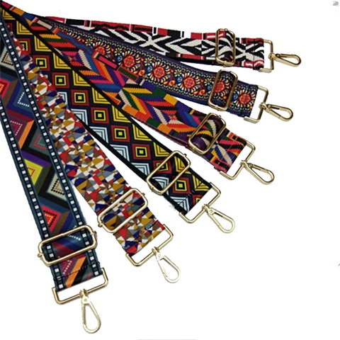 Wide Adjustable Replacement Bag Strap Woven Ethnic Pattern Geometric Print Metal Gold Buckle For Shoulder Crossbody Handbags
