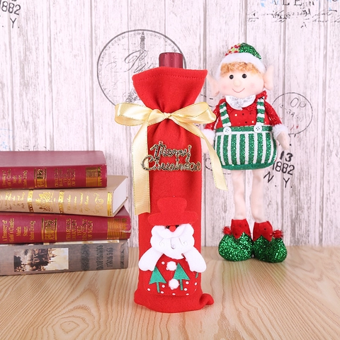 Housse de Bouteille de Vin de Noël Sac Tissu Polaire Père Noël Bonhomme de Neige Renne Ours Décoration de Table de Fête