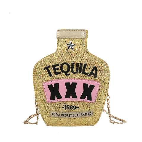 Tequila Bottle Shaped Crossbody Bag Holographic Sequin PU Leather Metal Chain Shoulder Purse Party Novelty For Women