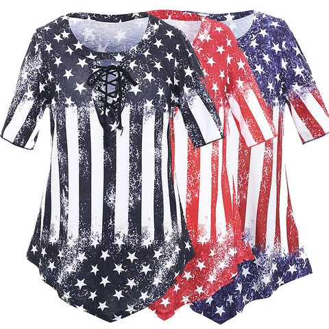 Women's Casual V Neck Lace Up American Flag Print T-Shirt Loose Short Sleeve Patriotic Summer Top Independence Day Tee