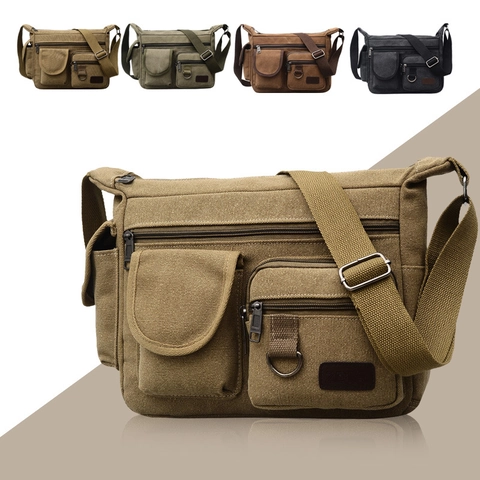 Men Crossbody Bag Canvas Multi Pocket Large Capacity Vintage Workwear Retro Shoulder Messenger Pack