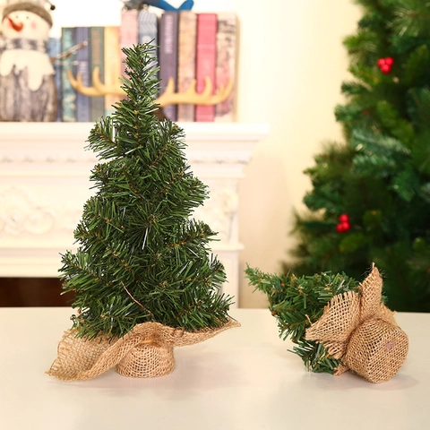 Mini Artificial Christmas Tree Rustic Burlap Base Tabletop Pine Tree For Desktop Holiday Party Decoration Farmhouse Style