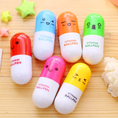 Creative Capsule Shaped Telescopic Ballpoint Pens Plastic Mini Novelty Retractable Vitamin Pen Cartoon Face Expression