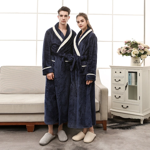 Dikke Fluwelen Badjas Voor Koppels Lange Pluche Nachtpon Warme Winter Slaapkleding Revers Tailleband Zakken