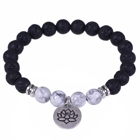 Bracciale Di Perline In Pietra Vulcanica Lavica E Turchese Bianco Con Ciondolo A Loto In Metallo Elastico Yoga Moda
