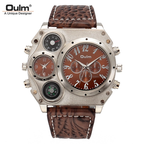 Men Dual Time Zone Watch Large Alloy Case Faux Leather Strap Military Sport Style Decorative Compass Thermometer