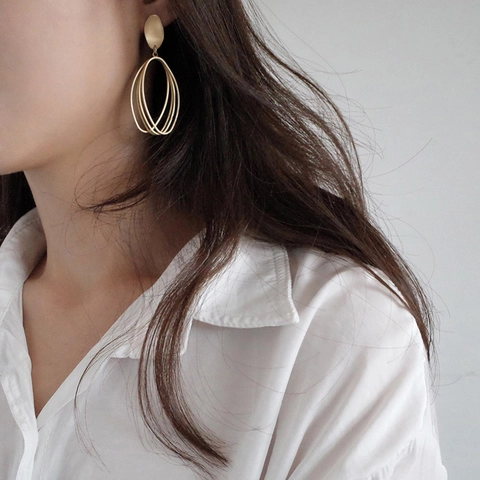 Geometric Oval Multi Layer Drop Earrings Matte Alloy With Silver Earring Post Minimalist Fashion For Women