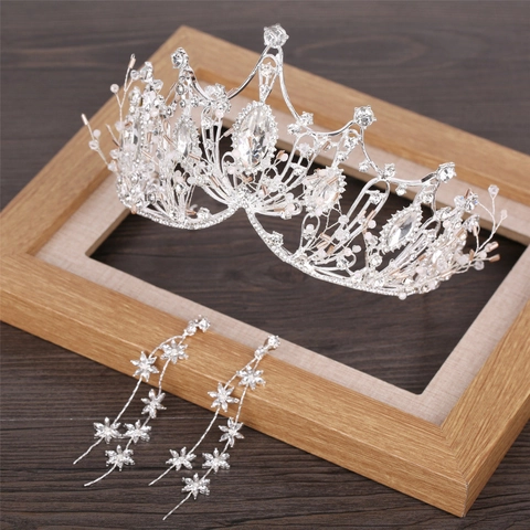 Luxury Rhinestone Bridal Crown And Earrings Alloy Artificial Pearl Wedding Hair Accessories For Women Baroque Elegant Headwear