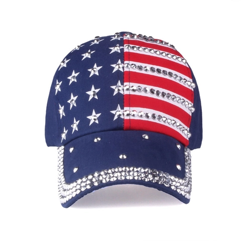 USA Flag Rhinestone Studded Baseball Cap For Women Men American Stars Stripes Adjustable Denim Canvas Casual Outdoor Sun Hat
