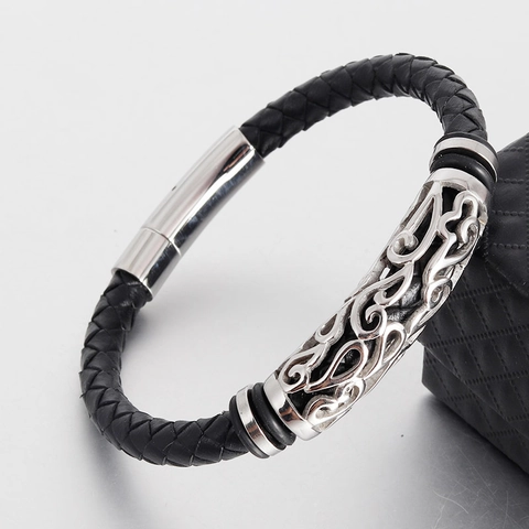 Herren Geflochtenes Rindsleder Armband Mit Vintage Hohl Edelstahl Magnetschließe Retro Geometrischer Modeschmuck