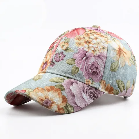 Women Baseball Cap Floral Print Cherry Blossom Embroidery Cotton Linen Breathable Sun Protection Outdoor Adjustable