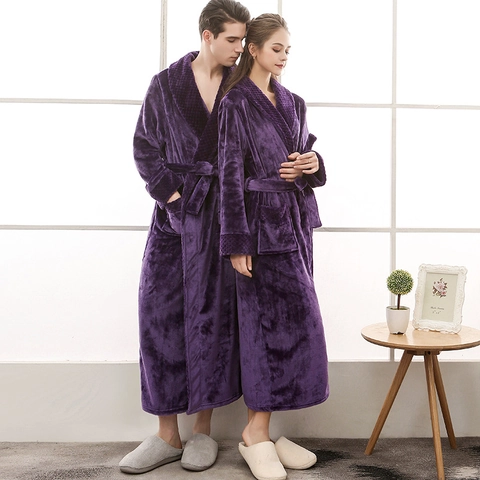 Long Flannel Robe Thickened Shawl Collar Soft Warm Bathrobe Sleepwear Loungewear For Men And Women