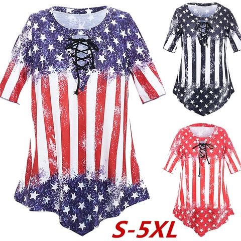 Women's Casual V Neck Lace Up American Flag Print T-Shirt Loose Short Sleeve Patriotic Summer Top Independence Day Tee