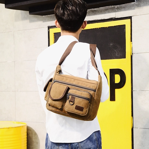 Men Crossbody Bag Canvas Multi Pocket Large Capacity Vintage Workwear Retro Shoulder Messenger Pack