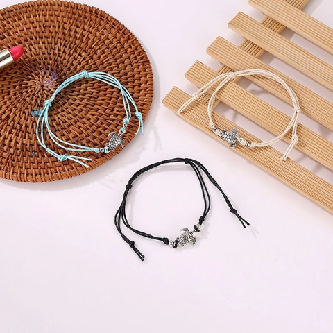 Retro Meeresschildkröte Anhänger Fußkettchen Handgefertigt Gewebtes Wachsseil Verstellbar Perlen Sommer Strand Böhmischer Schmuck