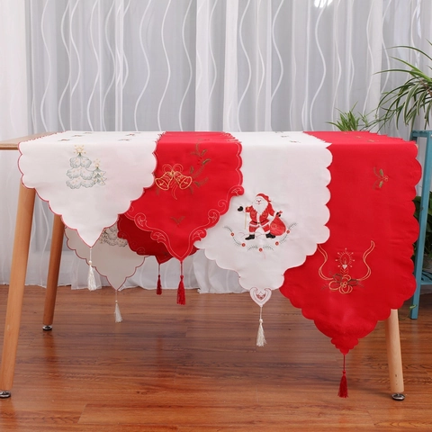 Christmas Table Runner Polyester Embroidered Santa Claus Tree Candle Pattern With Tassel Holiday Home Dining Table Decor