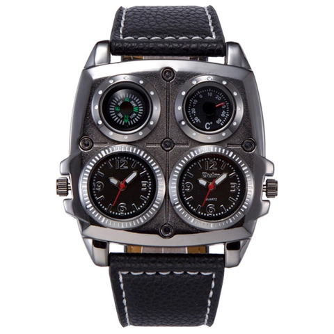 Men Dual Time Zone Multi Function Watch With Compass Thermometer Faux Leather Strap Alloy Case Industrial Style