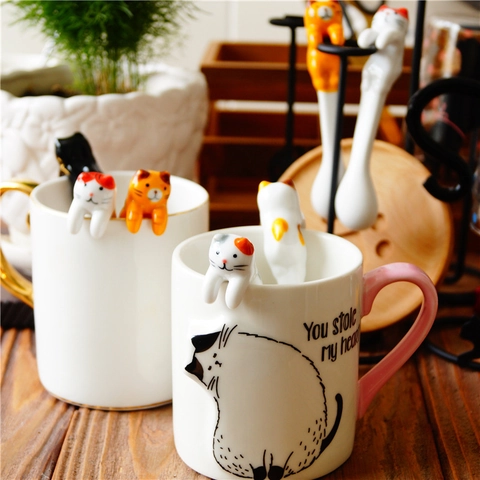 Cucchiaio Sospeso Gatto In Ceramica Agitatore Per Caffè Design Animale Dipinto A Mano Utensile Da Dessert