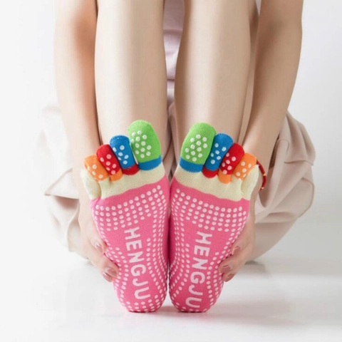 Women Yoga Socks Split Toe Non Slip Grips Cotton Blend Rainbow Striped For Pilates Fitness Workout