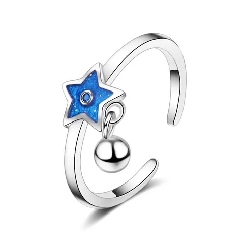 Blue Star Pendant Adjustable Ring Silver Plated Copper Dainty Starry Sky Style Jewelry For Women