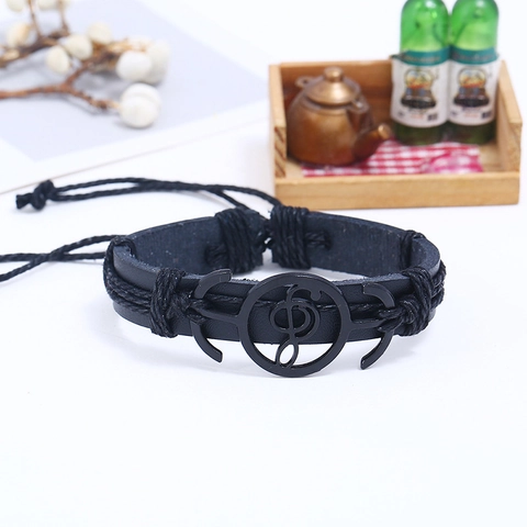 Bracciale In Pelle PU Intrecciata Punk Con Ciondoli Nota Musicale E Ancora In Lega Braccialetto Etnico Regolabile Per Uomo Donna