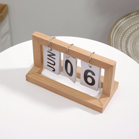 Wooden Perpetual Flip Calendar Desktop Manual Date Month Display Vintage Wood Ornament Home Office Decor