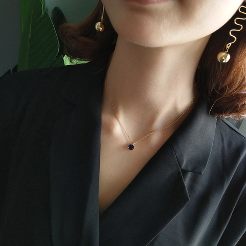 Collana Argento Sterling 925 Placcato Oro 18K Ciondolo Zircone Blu Scuro Rotondo Stile Coreano Minimalista Gioielli Donna