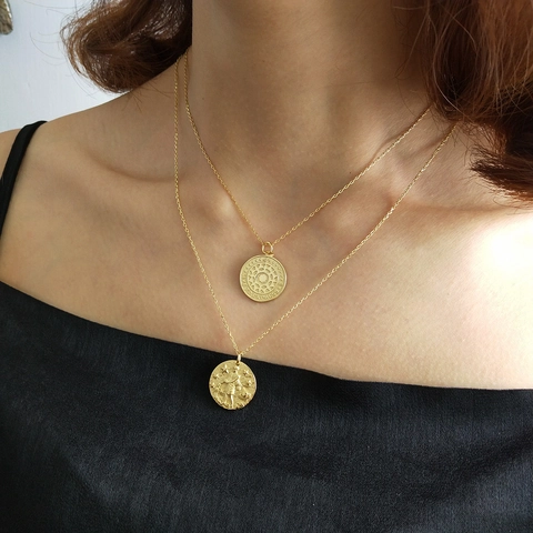 Doppellagige Runde Münz-Halskette 925 Sterling Silber Vergoldet Relief-Anhänger Live To Express Retro Elegante Schmuck Damen