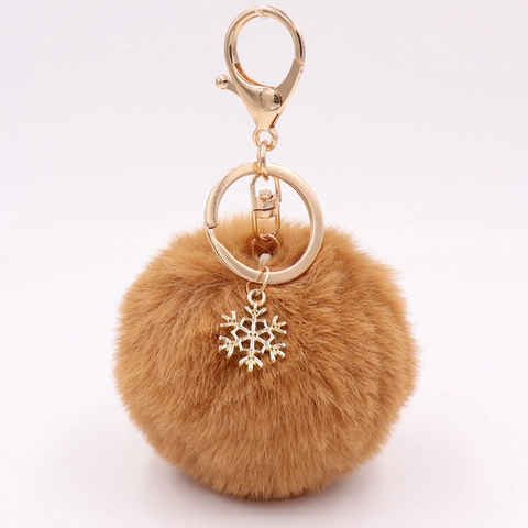 Pluche Bal Sleutelhanger Met Gouden Sneeuwwitje Hanger Van Legering Faux Fur Pompon Tas Hanger Winter Kerstcadeau Voor Dames