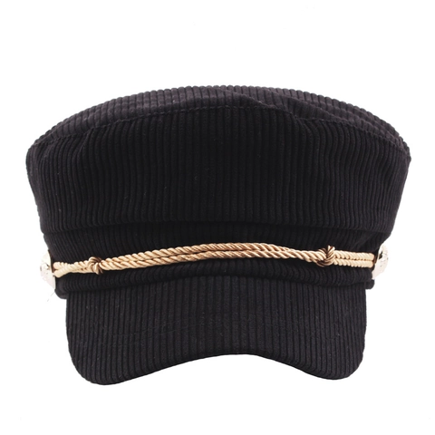 Corduroy Baker Boy Hat Retro Flat Top Navy Cap With Woven Rope And Metal Button Winter Autumn Warm Fashion Headwear