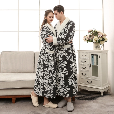 Verdikte Flanellen Badjas Dames Heren Lange Mouwen 3D Jacquard Ochtendjas Winter Warm Lange Nachtkleding Riem Sjaalkraag