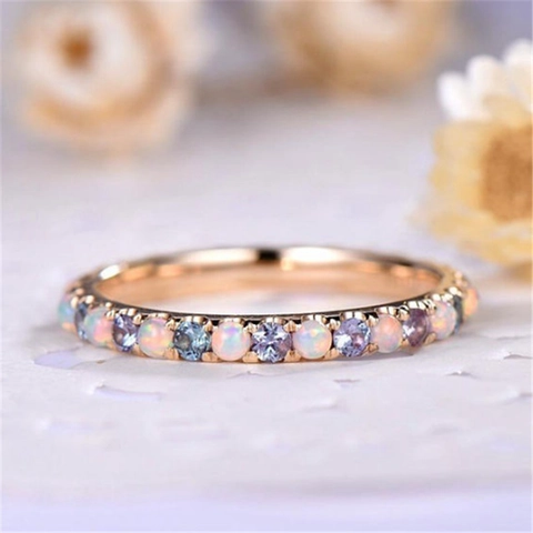 Fashion Women Half Eternity Ring Alloy Faux Opal Cubic Zirconia Rose Gold Plated Round Engagement Wedding Jewelry Dainty