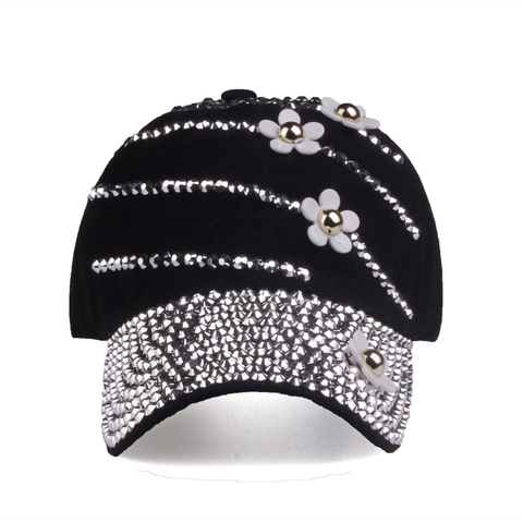 Women's Fashion Rhinestone Baseball Cap Cotton Floral Applique Adjustable Denim Duckbill Sun Hat For Outdoor Casual Outing