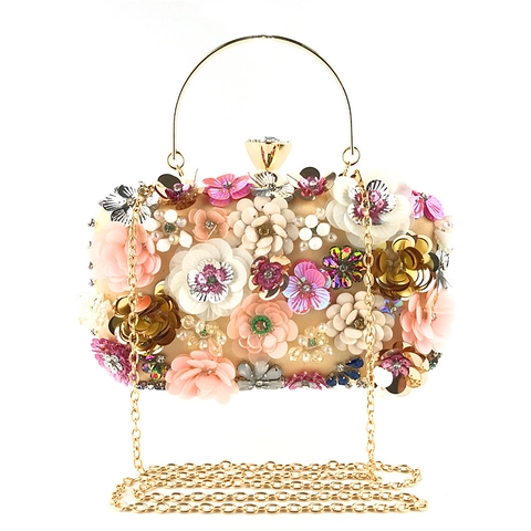 3D Flower Evening Clutch Bag Sequined Beaded Satin Wedding Party Handbag Metal Ring Handle Detachable Chain Strap
