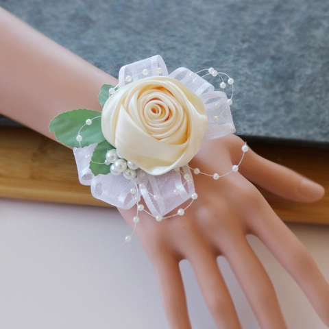 Hochzeits Handgelenk Corsage Satin Rose Künstliche Perle Spitze Hand Blume Für Brautjungfer Abschlussball Party