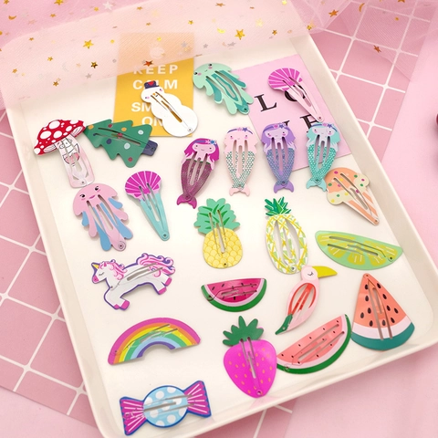 Cute Cartoon Fruit Mermaid Rainbow Snap Hair Clips For Kids Girls Painted Metal BB Hairpins Colorful Sweet Hair Accessories