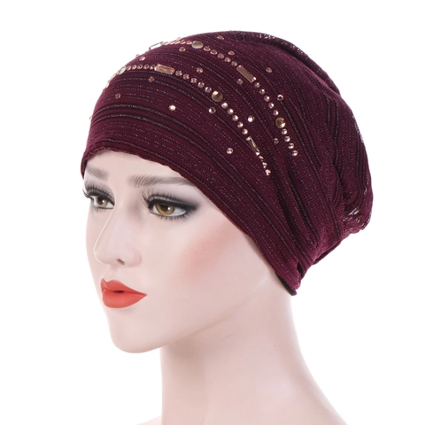 Women Breathable Polyester Turban Hat With Rhinestone Decoration Soft Solid Color Knitted Beanie Cap For Spring Autumn