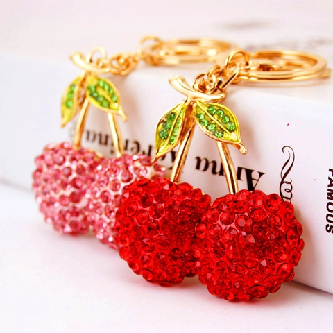 Porte-clés Créatif Mignon en Forme de Cerise Avec Strass Alliage de Zinc Pendentif de Sac Fruit pour Femmes Filles Cadeau Décoration