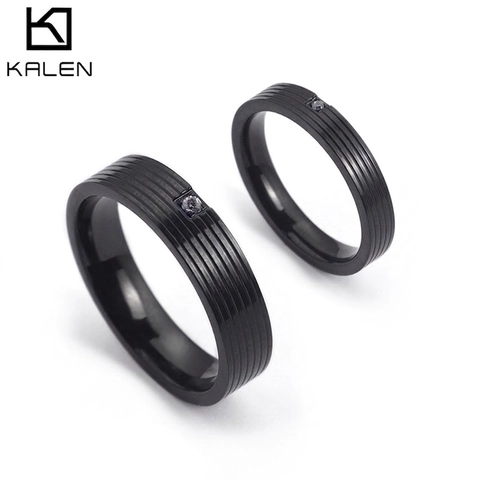 Black Titanium Stainless Steel Band Ring Grooved Texture Single Zircon Inlaid Minimalist Modern Jewelry For Men Women