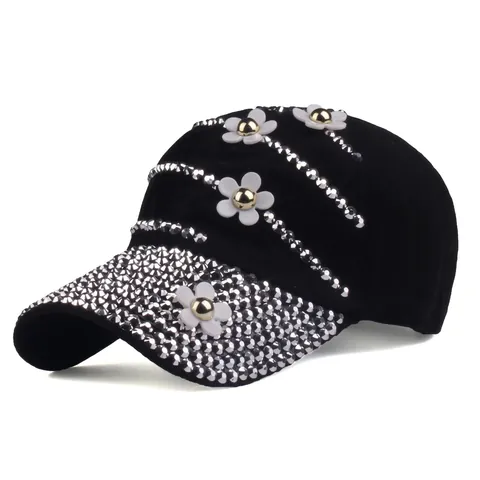 Women's Fashion Rhinestone Baseball Cap Cotton Floral Applique Adjustable Denim Duckbill Sun Hat For Outdoor Casual Outing