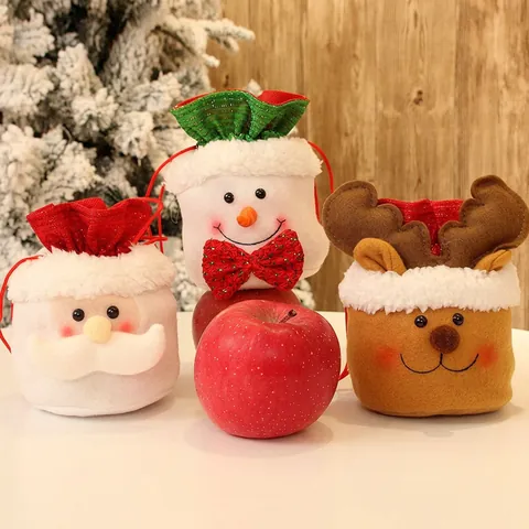 Christmas Drawstring Gift Bag Santa Snowman Reindeer Plush Candy Pouch Holiday Party Decor Favors