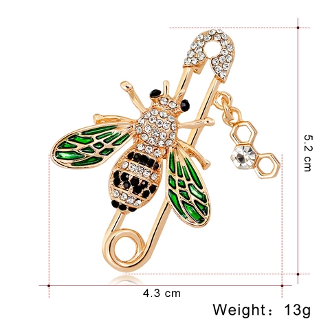 Fashion Gold Alloy Bee Brooch For Women Green Enamel Wings Clear Black Rhinestone Safety Pin Brooch Versatile Jewelry Gift