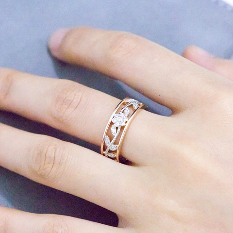 Bague Florale Mode Or Rose Argenté Cuivre Fleur Creuse Feuille Zirconium Pour Femmes Bijoux