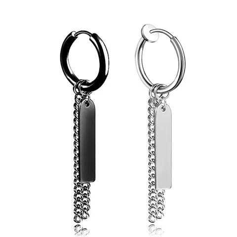 Edelstahl Hängeohrringe Mit Kette Und Rechteckigem Anhänger Hoop Clip On Streetwear Punk Stil Unisex