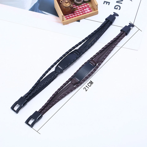 Men Multi Layer Braided PU Leather Bracelet With Metal Plate Adjustable Buckle Clasp Retro Punk Style Jewelry Accessory