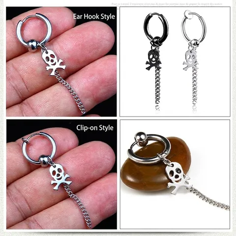 Orecchini a Cerchio in Acciaio Inossidabile con Pendente a Teschio Punk e Nappa a Catena Lunga Clip per Orecchie Non Forate Gioielli Gotici