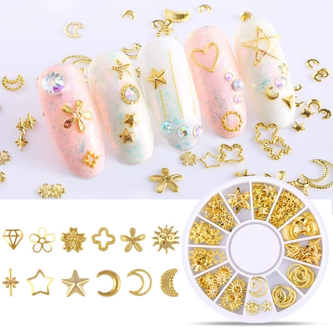 Borchie Per Nail Art In Metallo Dorato Per Manicure Fai Da Te Forme Stella Luna Cuore Cave Accessori Decorativi Assortimento