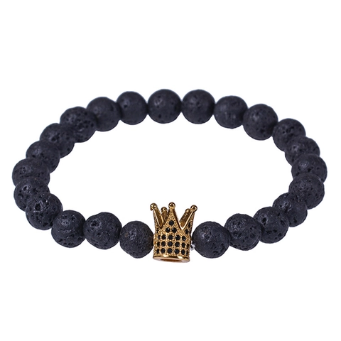 Bracciale In Pietra Lavica Naturale Elastico Con Ciondolo A Corona In Lega Zirconia Micro Pavé Gioielli Di Moda Unisex